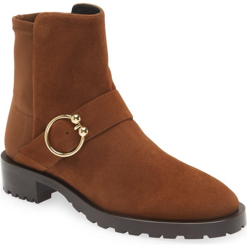 Stuart Weitzman Tan Ankle Boots with Gold Ring
